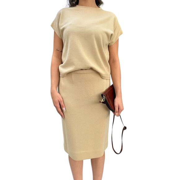 Vintage Short Sleeve Knit Sweater and Skirt Set Tan Knits By Tally Small/Medium - Picture 3 of 10